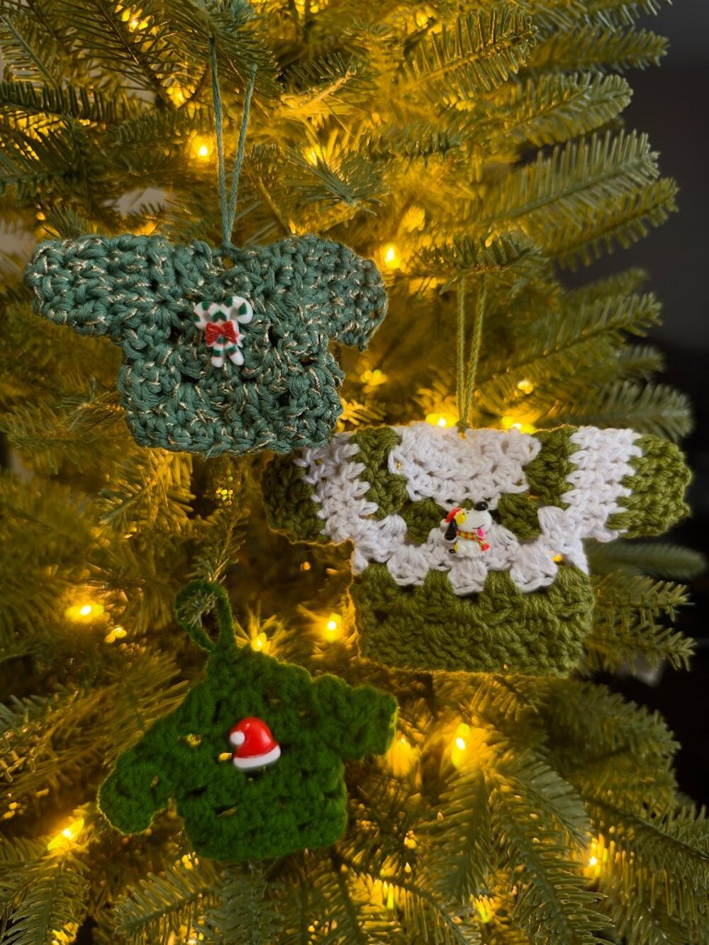 Handmade Crochet Ugly Christmas Sweaters Hanging Green White Ornaments Set of 3